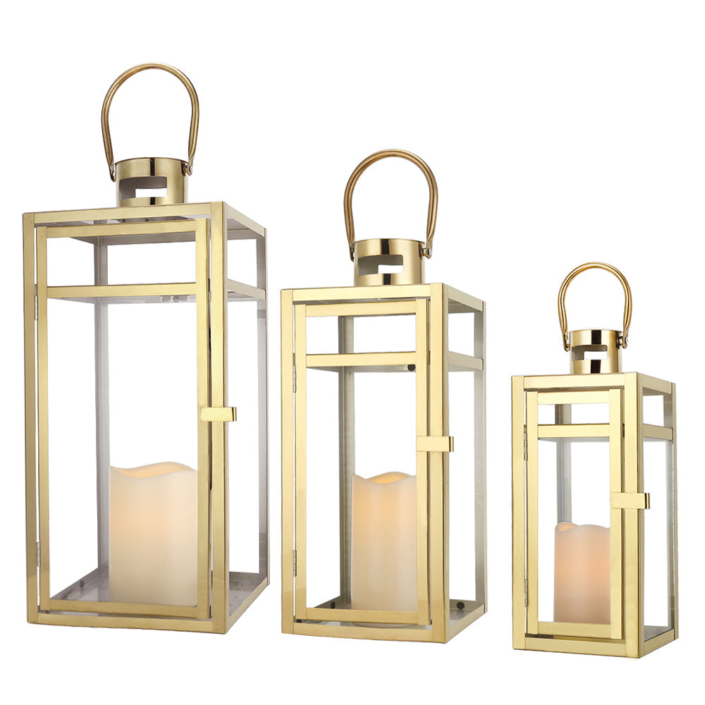 Gold Stainless Steel Candle Lantern - Set of 3
