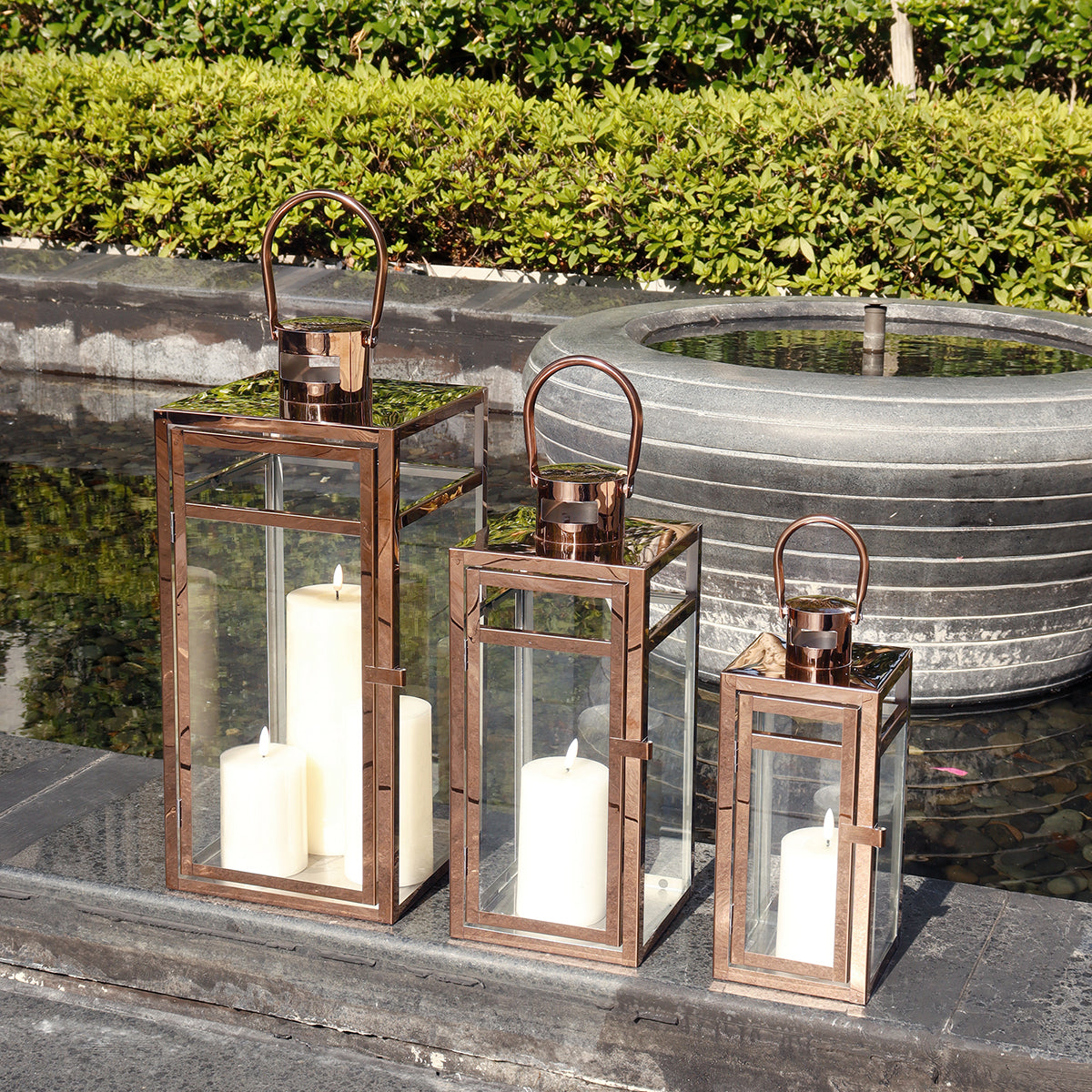 Rose Gold Stainless Steel Metal Candle Lantern - Set of 3