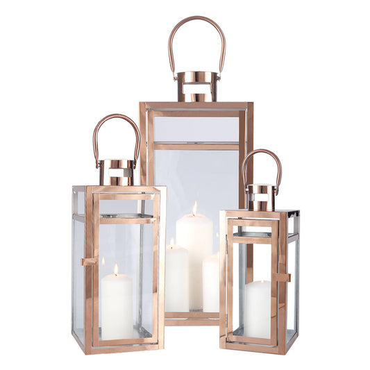 Rose Gold Stainless Steel Metal Candle Lantern - Set of 3