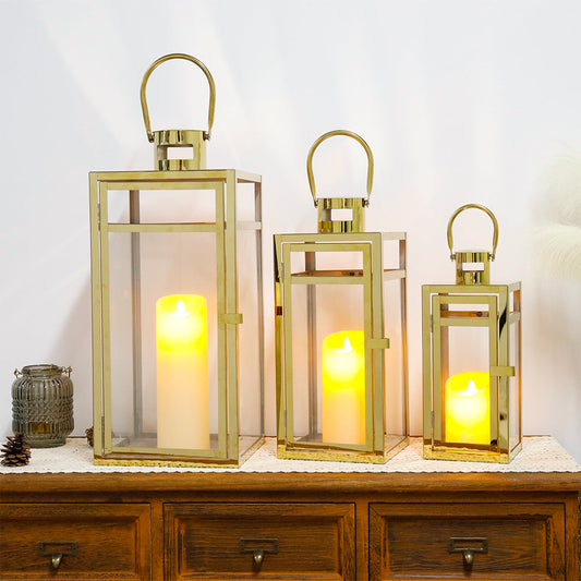 Gold Stainless Steel Candle Lantern - Set of 3