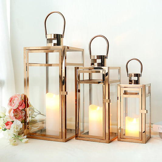 Rose Gold Stainless Steel Metal Candle Lantern - Set of 3