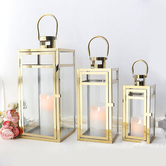 Gold Stainless Steel Candle Lantern - Set of 3