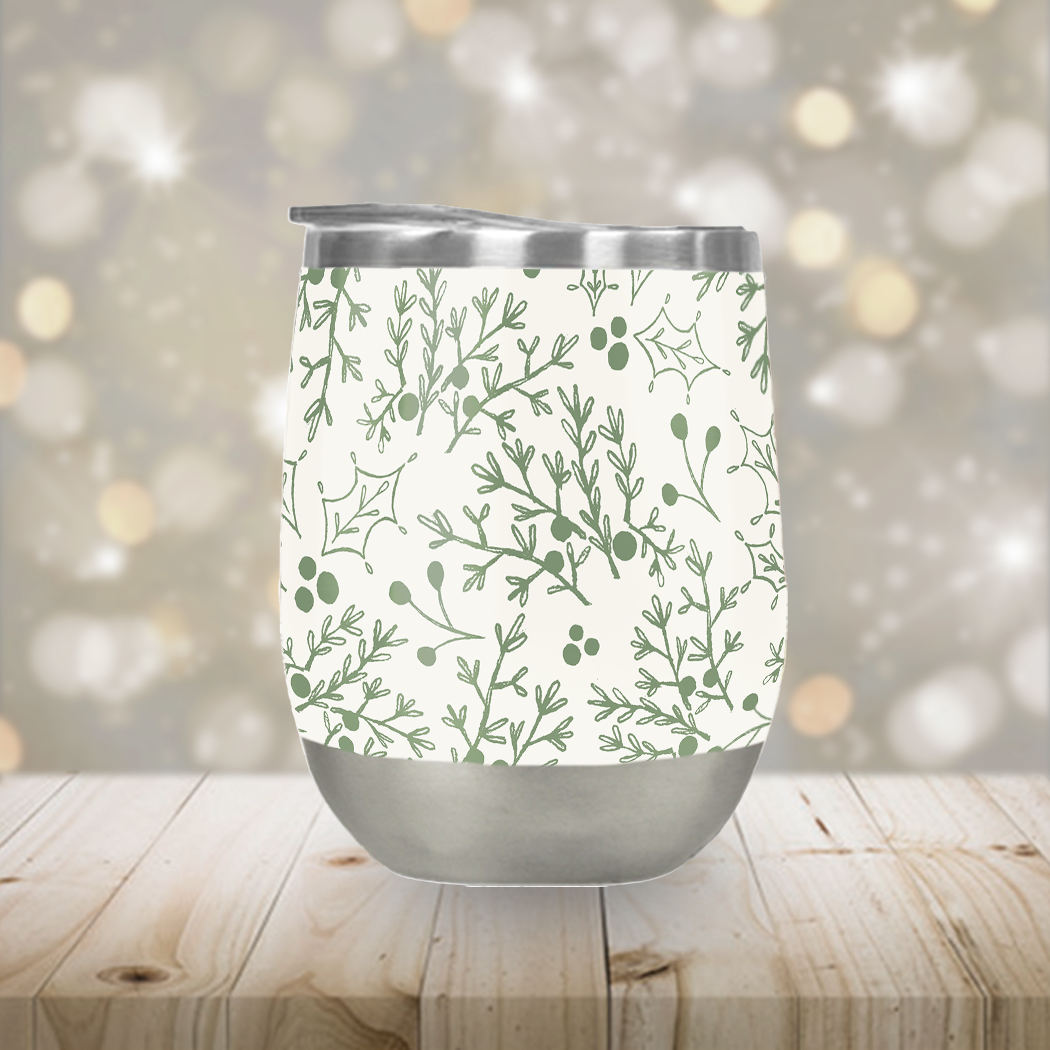 Green Holly Branch - Stemless Wine Tumbler