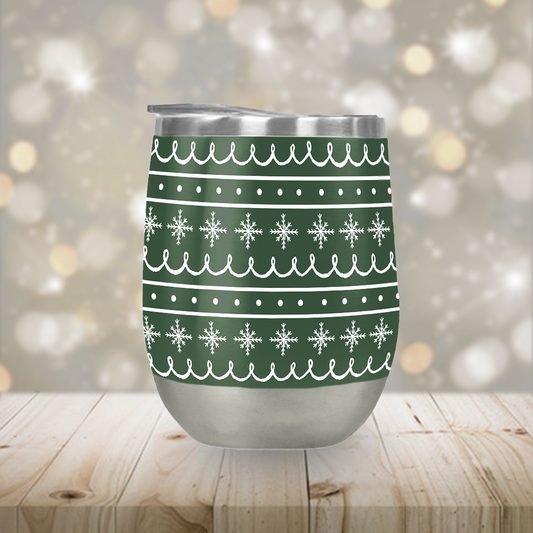 Green Snowflake Pattern - Stemless Wine Tumbler