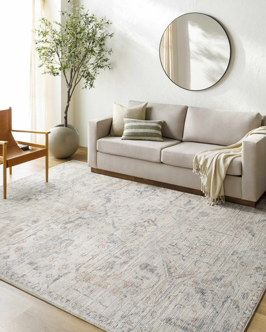 Marlene Damask Off White & Blue Area Rug
